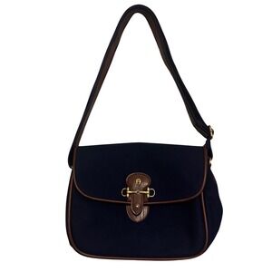 Étienne Aigner Vintage Shoulder Bag Navy Brown Leather Trim Gold Tone Hardware